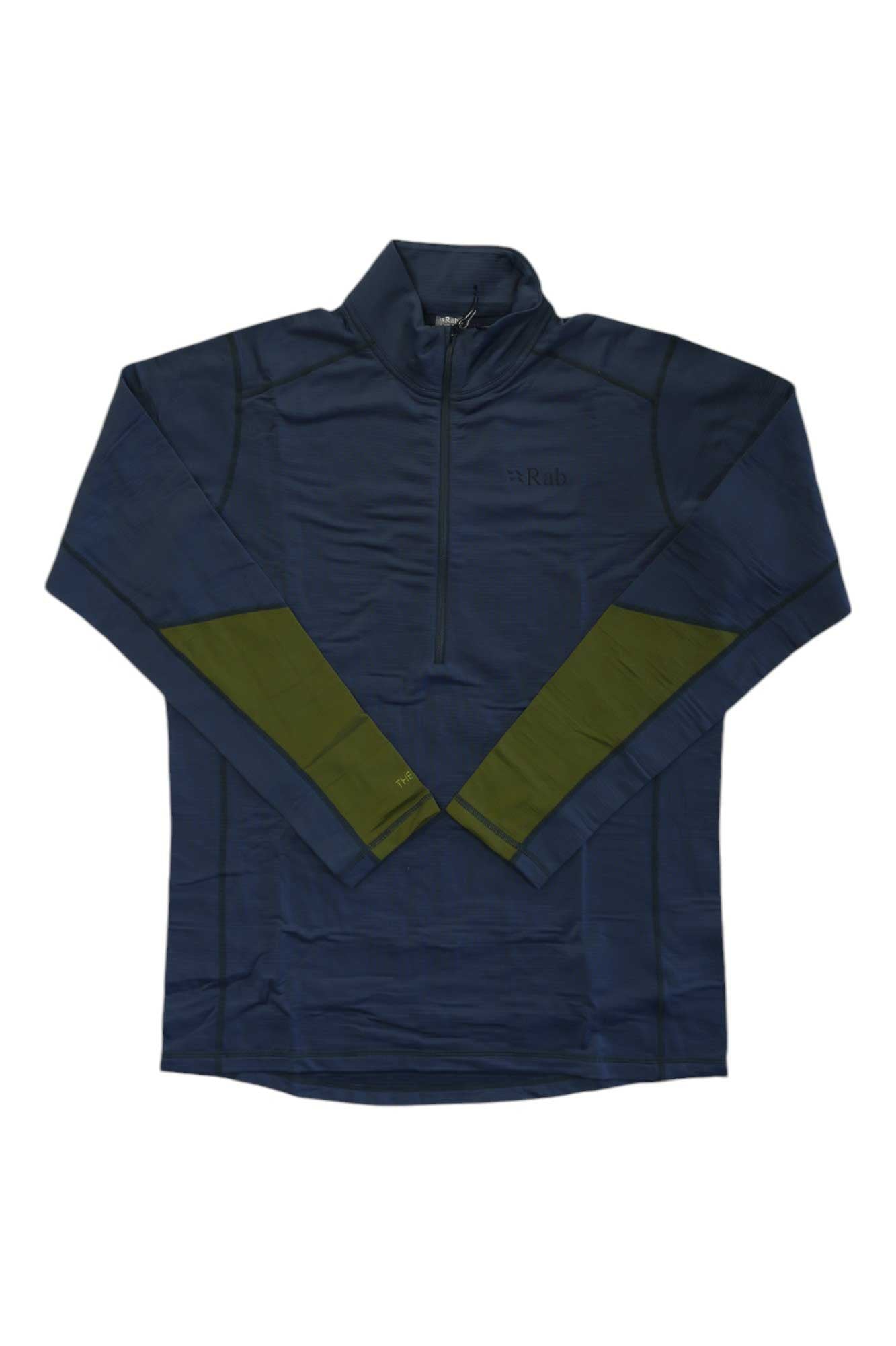 The Rab Mens Conduit Pull-On Top is a navy blue, long-sleeve base layer pullover with a quarter-zip front and olive green lower sleeve panels, ideal for outdoor activities and pictured laid flat on a white background.
