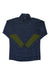 The Rab Mens Conduit Pull-On Top is a navy blue, long-sleeve base layer pullover with a quarter-zip front and olive green lower sleeve panels, ideal for outdoor activities and pictured laid flat on a white background.