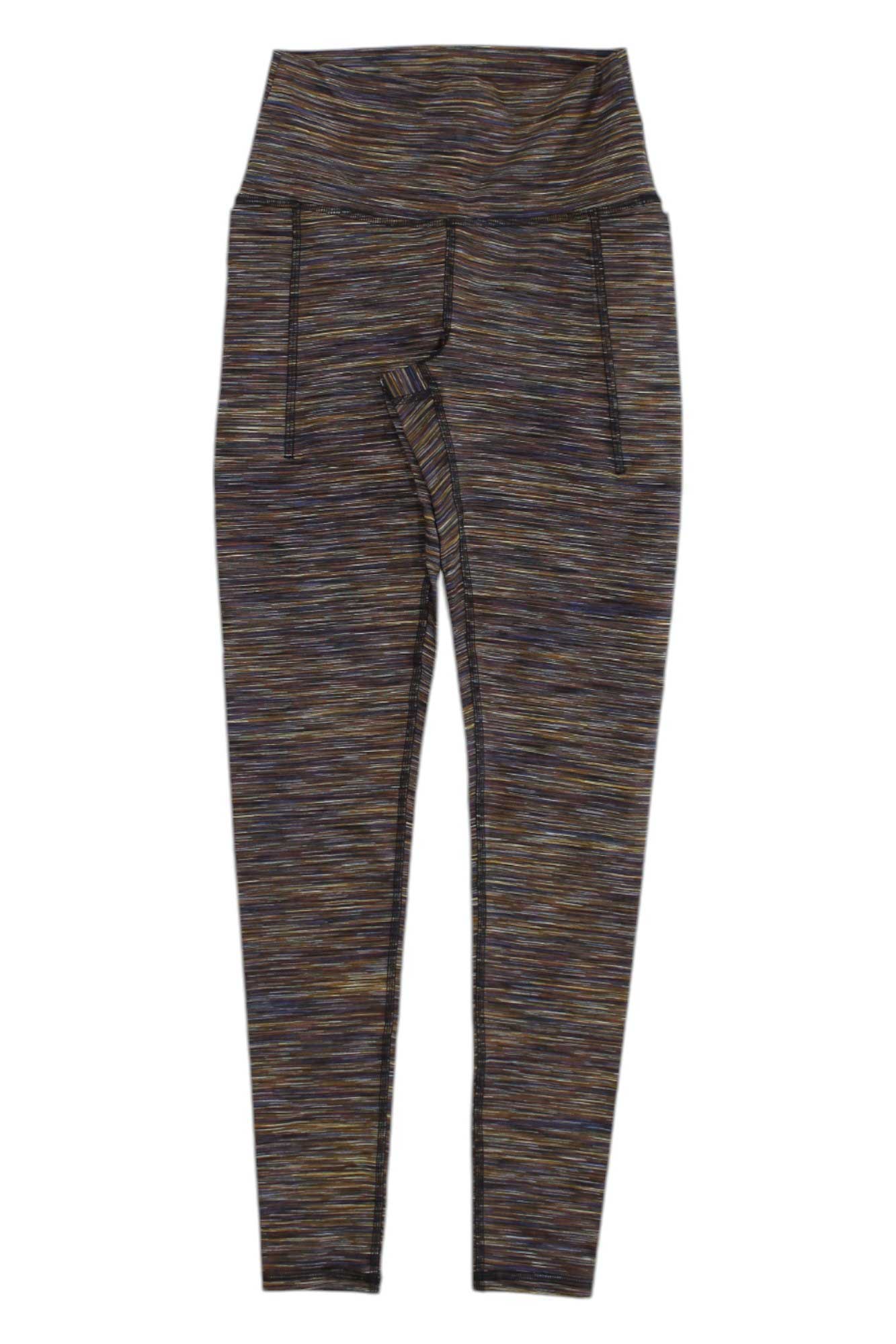 The Prana Womens Impresa Pocket Legging features a high-waisted fit, handy pockets, and a speckled multi-color stripe design in brown, gold, and blue—perfect for active women seeking both style and convenience.