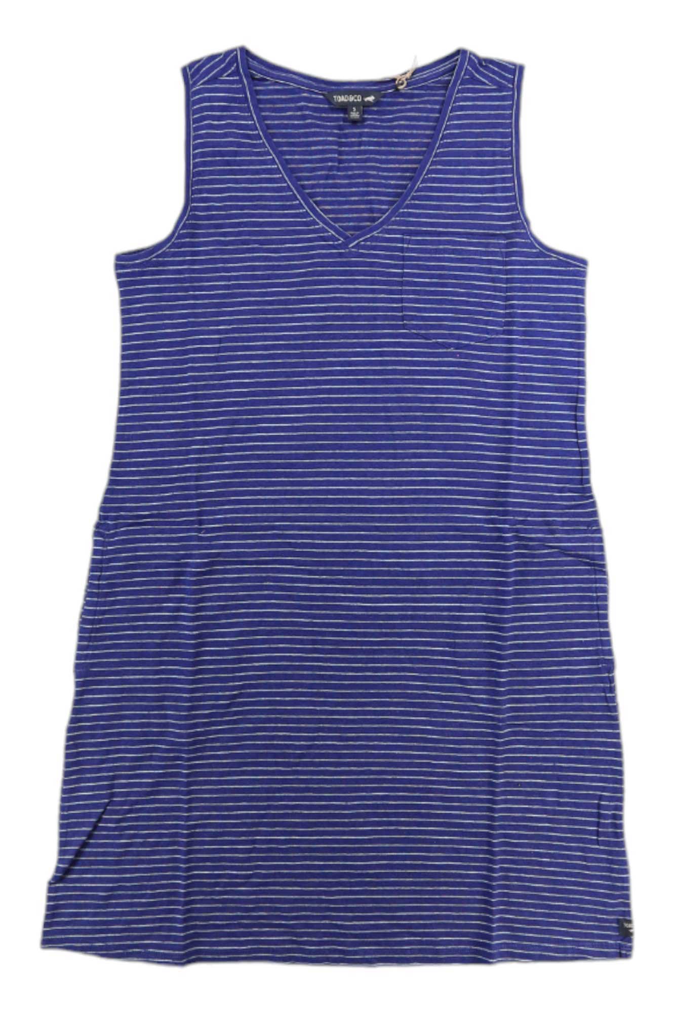 The Toad & Co Womens Grom Tank Dress is a sleeveless, knee-length travel dress with a V-neckline, thin white horizontal stripes on blue, a small chest pocket, and a relaxed fit, made from organic cotton for casual comfort.