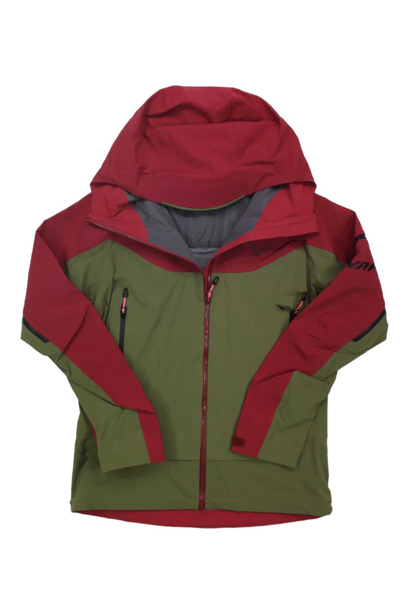 The Dynafit Women's Beast Hybrid Jacket is a hooded jacket with an olive green body, dark red sleeves, shoulders, and helmet-compatible hood. It features a front zipper, zippered pockets, and contrasting trim along the seams.