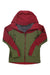 The Dynafit Women's Beast Hybrid Jacket is a hooded jacket with an olive green body, dark red sleeves, shoulders, and helmet-compatible hood. It features a front zipper, zippered pockets, and contrasting trim along the seams.