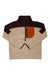 The Cotopaxi Womens Abrazo Half-Zip Fleece Jacket is a beige and brown fleece made with recycled polyester, featuring long sleeves, an orange zippered chest pocket, a stand-up collar with logo, and tailored for women.