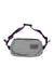 The Mystery Ranch Forager Hip Pack in light gray features a front pocket, black zipper, adjustable purple strap with black buckle, and a visible logo patch on the front.