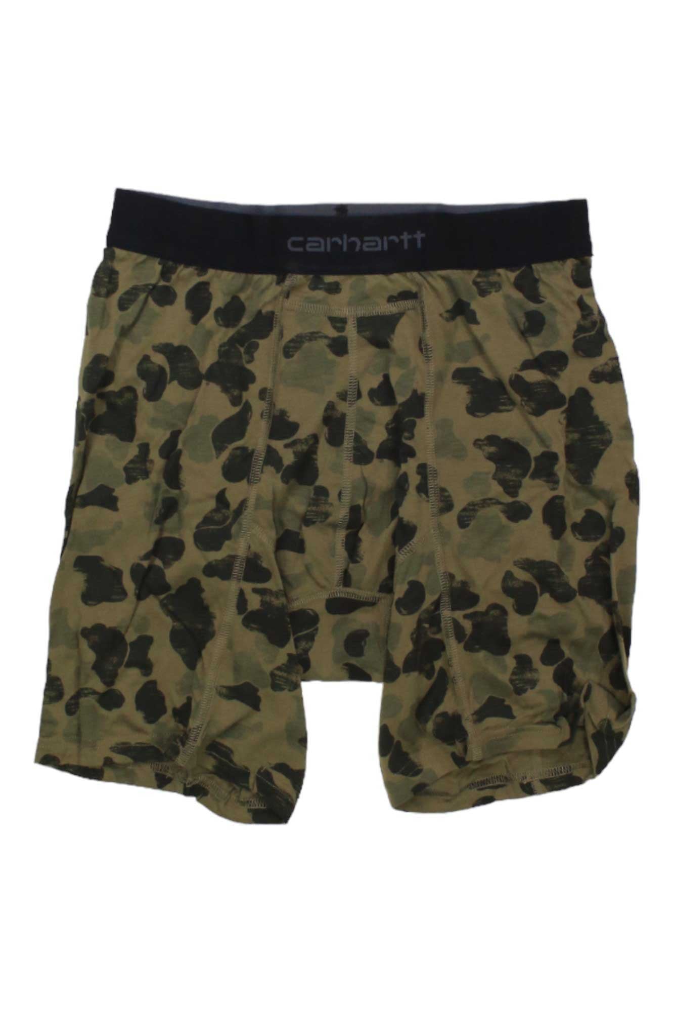 The Carhartt Mens 8 Inch Basic Cotton-Poly Boxer Brief 2 Pack features green and black camo, a black logo waistband, and Rugged Flex technology for comfort and stretch.