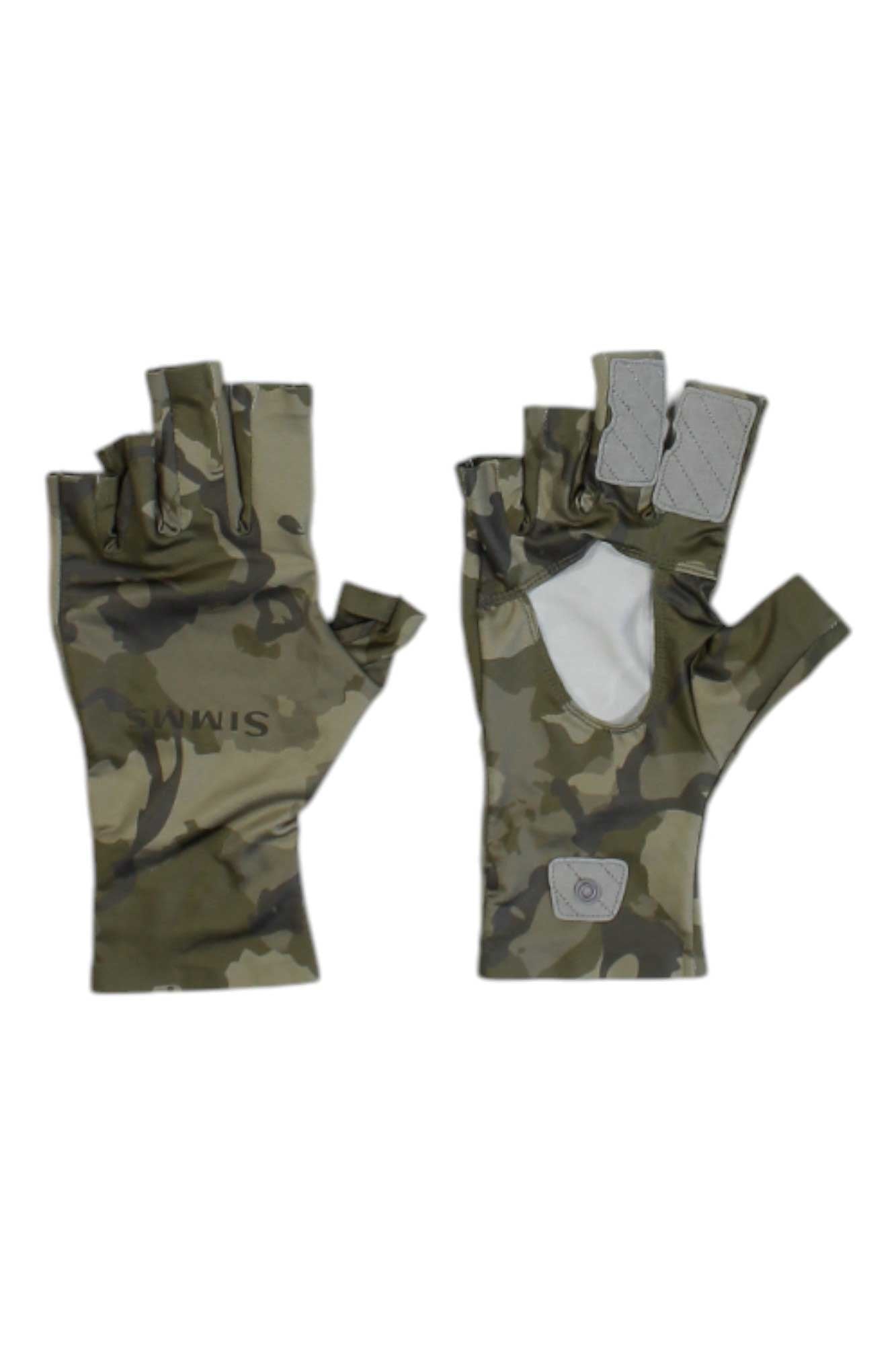 The Simms Mens SolarFlex SunGlove is shown laid flat in camouflage, displaying both palm and back sides. These sun protective, fingerless fishing gloves have reinforced areas and a small white patch on the palm side.
