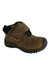 The KEEN Kids' Kootenay IV WP Mid Boot is a brown leather ankle boot with a black rubber sole, fleece lining, and large Velcro strap featuring the KEEN logo—rugged, insulated, and perfect for outdoor hikes.