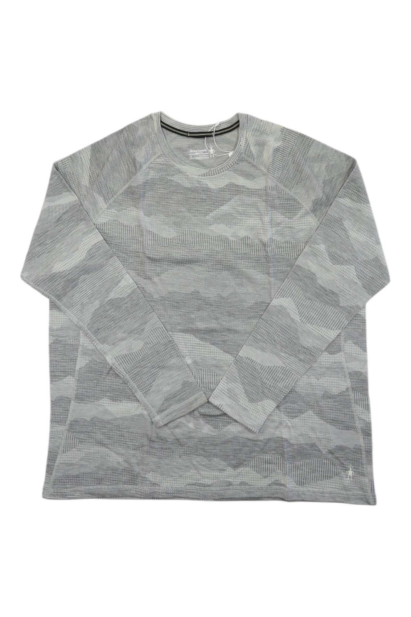 Women's thermal merino crew top, gray camouflage-style geometric print, crew neckline