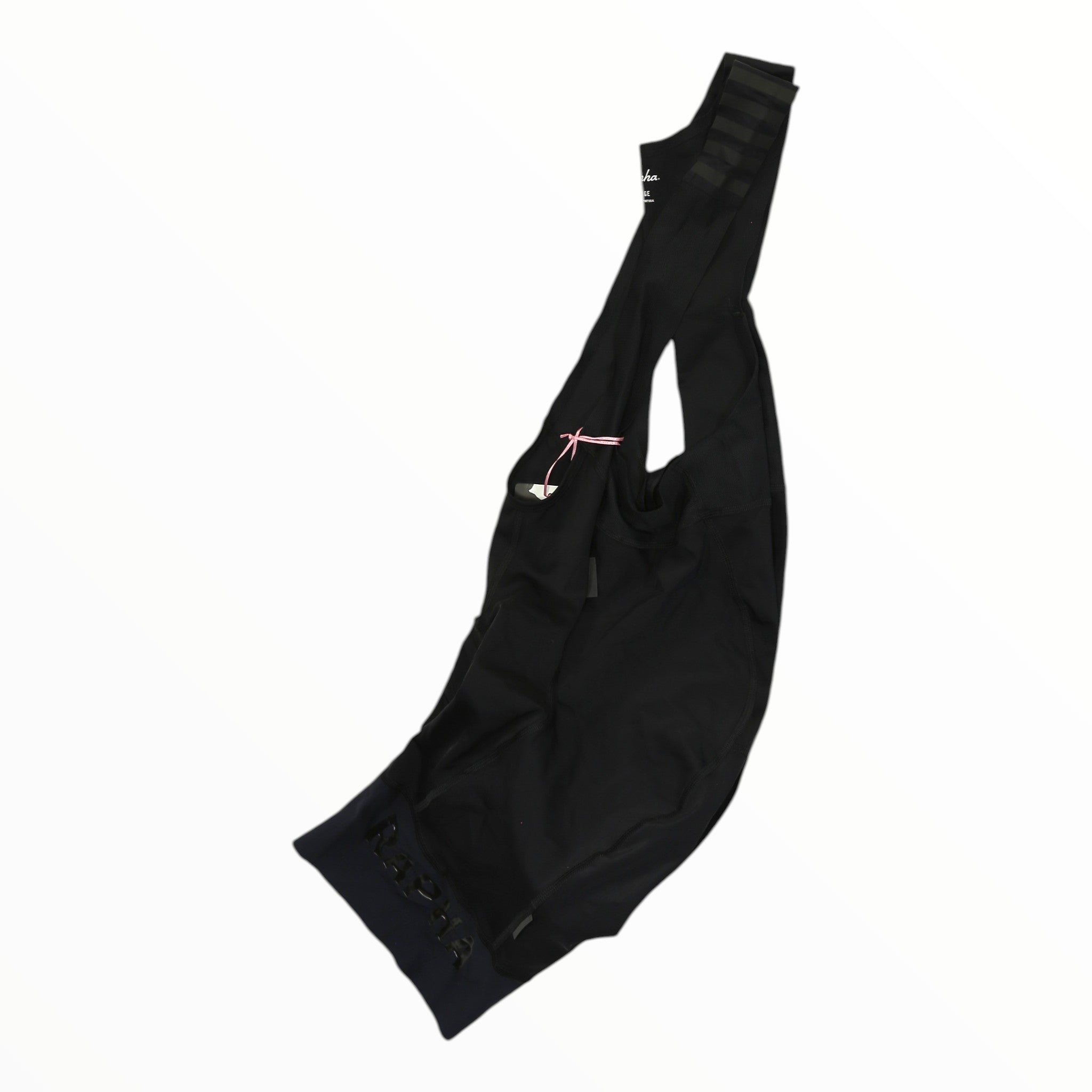 Men's Rapha bib shorts, solid black with small pink accent and Rapha logo.
