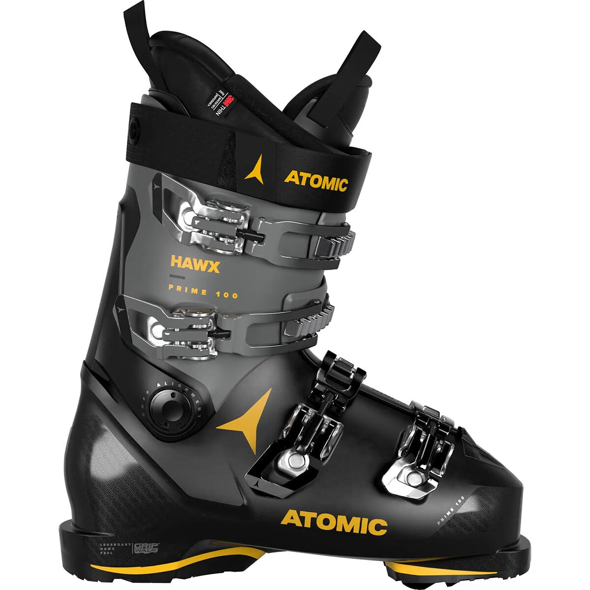 The Hawx Prime 100 GW Ski Boots in black and grey feature yellow branding, adjustable buckles, and a sturdy downhill skiing design—shown from the side.