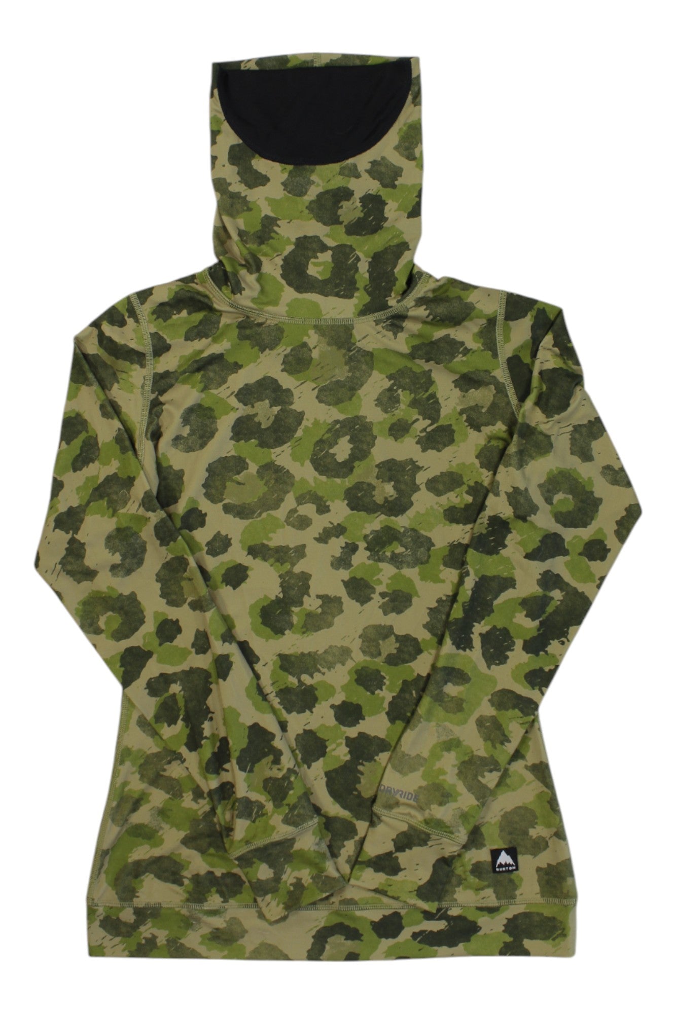 The Burton Womens Midweight Base Layer Long Neck Shirt is a green and olive camo long-sleeve hoodie with built-in face covering and a black logo patch—perfect as a moisture-wicking base layer for women on outdoor adventures.