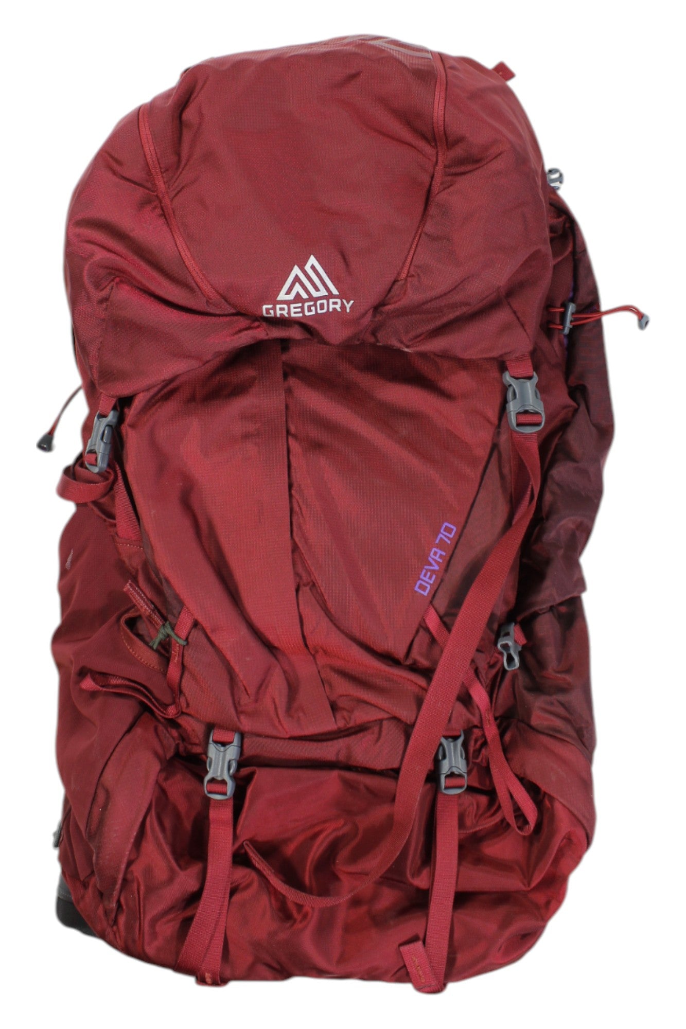 The Deva 70 Pack is a red, 70-liter Gregory backpack for women, with multiple compartments and straps. Featuring the DEVA 70 label on the front, it's ideal for hiking or travel.