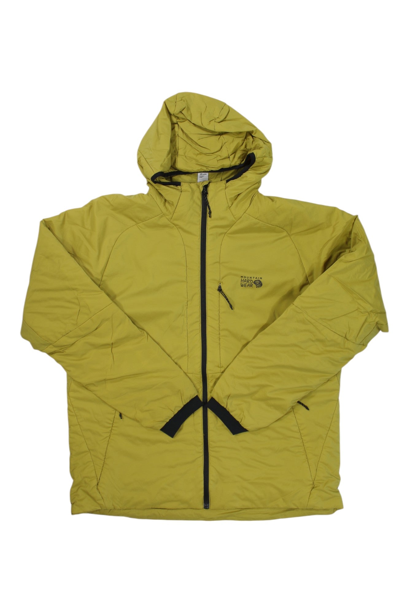 A yellow Mountain Hardwear Mens Kor Stasis Hoody with black accents, front zipper, and long sleeves is displayed flat on a white background—ideal for outdoor adventures.