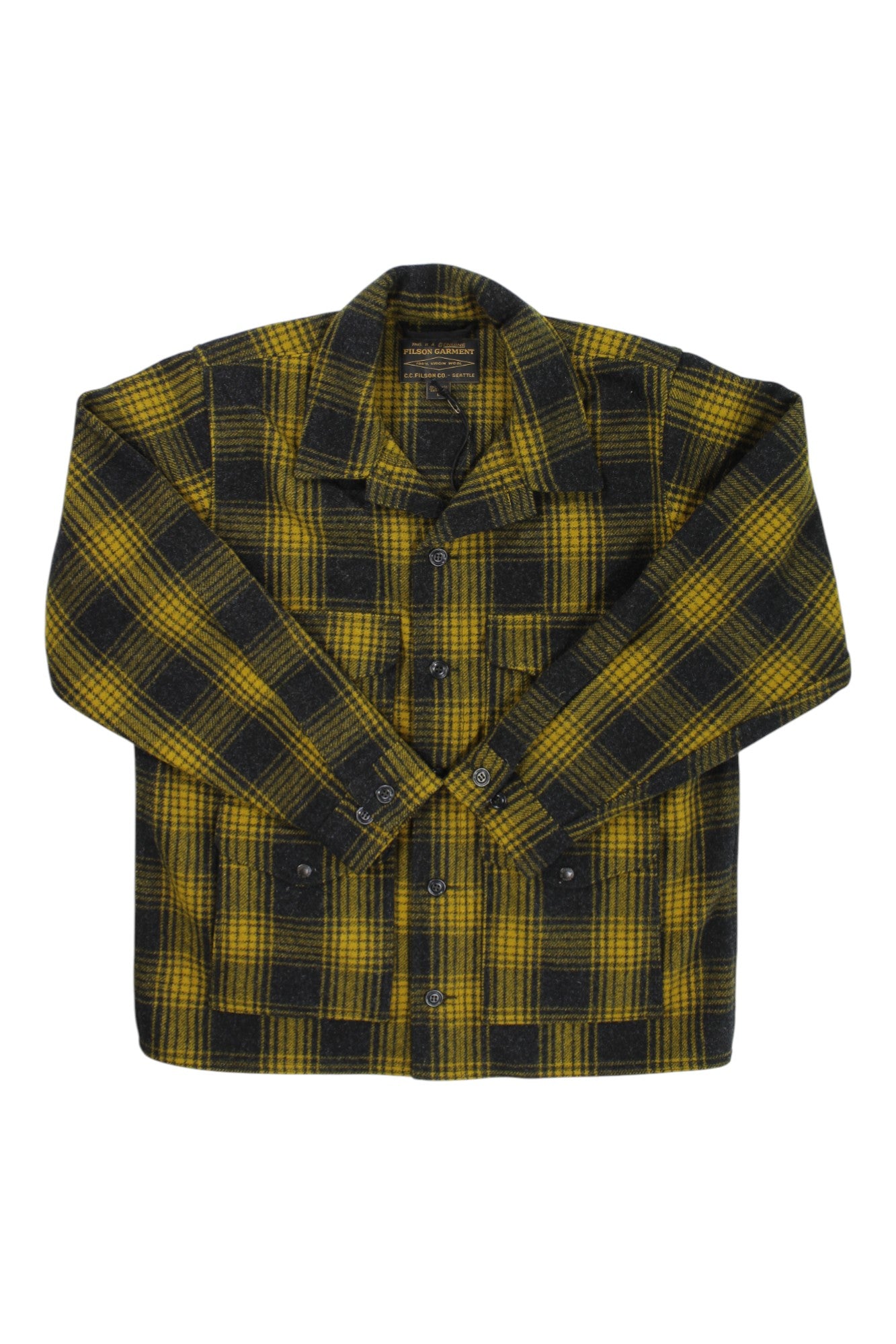 The Filson Mens Mackinaw Cruiser Jacket, featuring a yellow and black plaid design with a collar and long sleeves, is inspired by classic men's wool jackets and is shown laid flat on a white background.