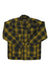 The Filson Mens Mackinaw Cruiser Jacket, featuring a yellow and black plaid design with a collar and long sleeves, is inspired by classic men's wool jackets and is shown laid flat on a white background.