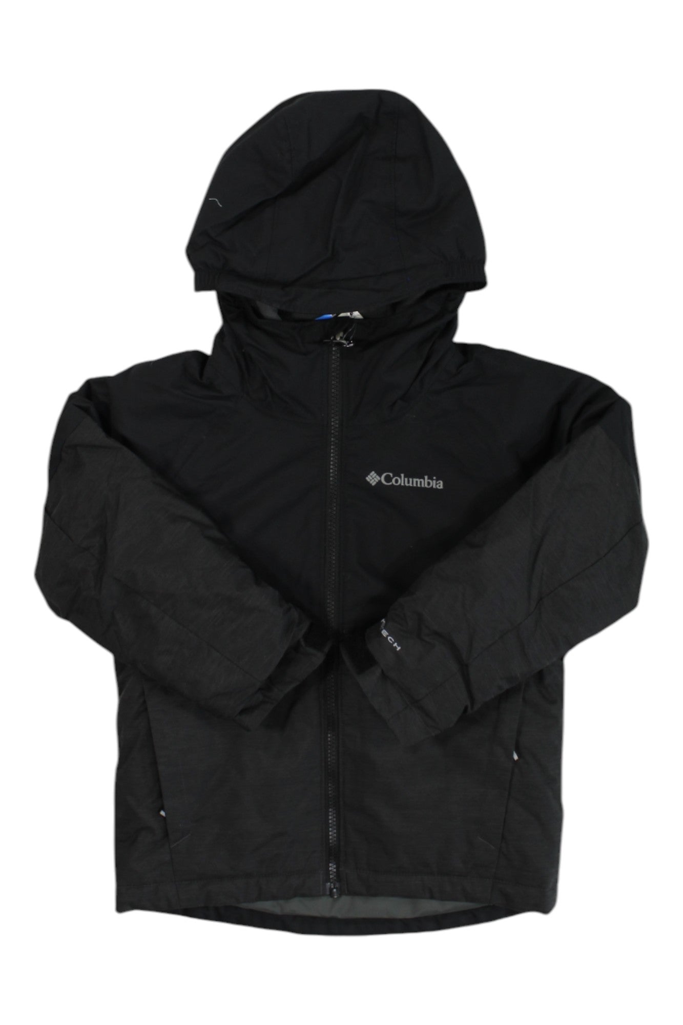 A black Kids' Alpine Action II Insulated Jacket by Columbia with a hood, long sleeves, front zipper, left chest logo, and thermal reflective lining is displayed flat on a white background.