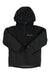 A black Kids' Alpine Action II Insulated Jacket by Columbia with a hood, long sleeves, front zipper, left chest logo, and thermal reflective lining is displayed flat on a white background.