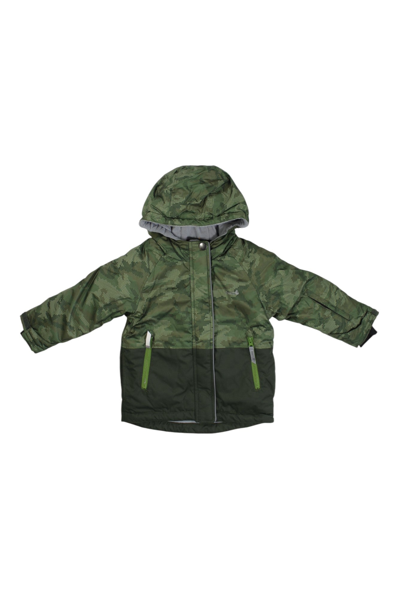 The Therm Kids Snowrider Jacket features a green camouflage waterproof design with a hood, long sleeves, front zipper, two zippered pockets, and a darker green lower section.