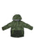 The Therm Kids Snowrider Jacket features a green camouflage waterproof design with a hood, long sleeves, front zipper, two zippered pockets, and a darker green lower section.
