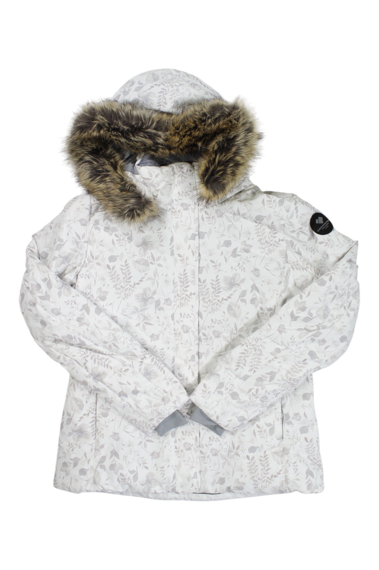 The Tuscany II Jacket is a light-colored winter coat with a subtle leaf pattern, front zipper, hood trimmed in brown faux fur, and a black circular patch on the left sleeve.