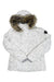 The Tuscany II Jacket is a light-colored winter coat with a subtle leaf pattern, front zipper, hood trimmed in brown faux fur, and a black circular patch on the left sleeve.