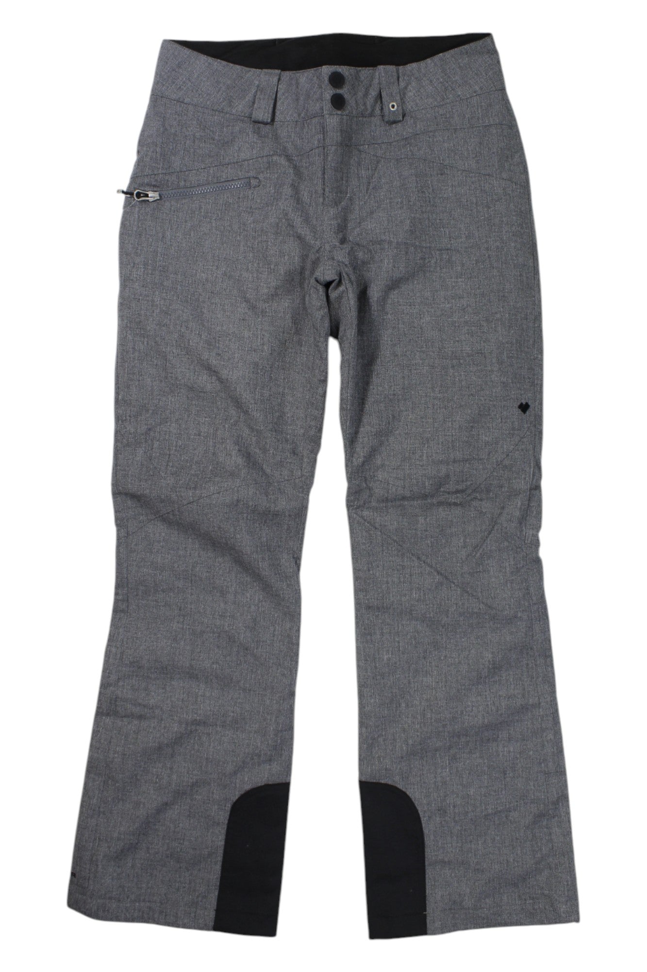 Obermeyer Womens Malta Pant in gray, featuring a right hip zipper pocket, belt loops, black reinforced cuffs, and a black waistband lining. Insulated for comfort and warmth on the slopes; shown laid flat on a white background.