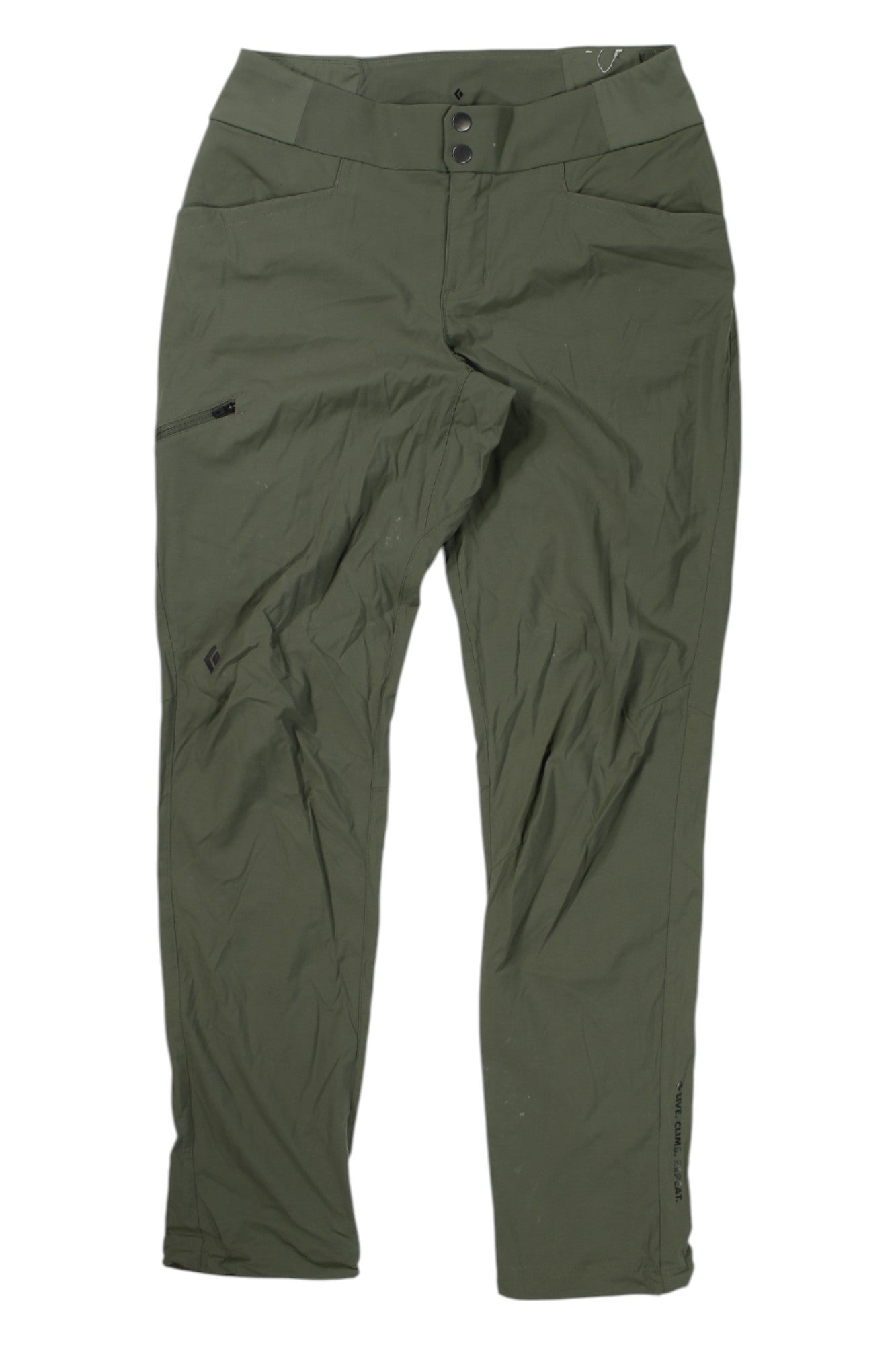 The Black Diamond Women's Technician Alpine Pant is an olive green, lightweight alpine pant featuring button and zipper closure, two front pockets, a zippered right thigh pocket, subtle stitching, and weather-resistant fabric with a slightly wrinkled look.