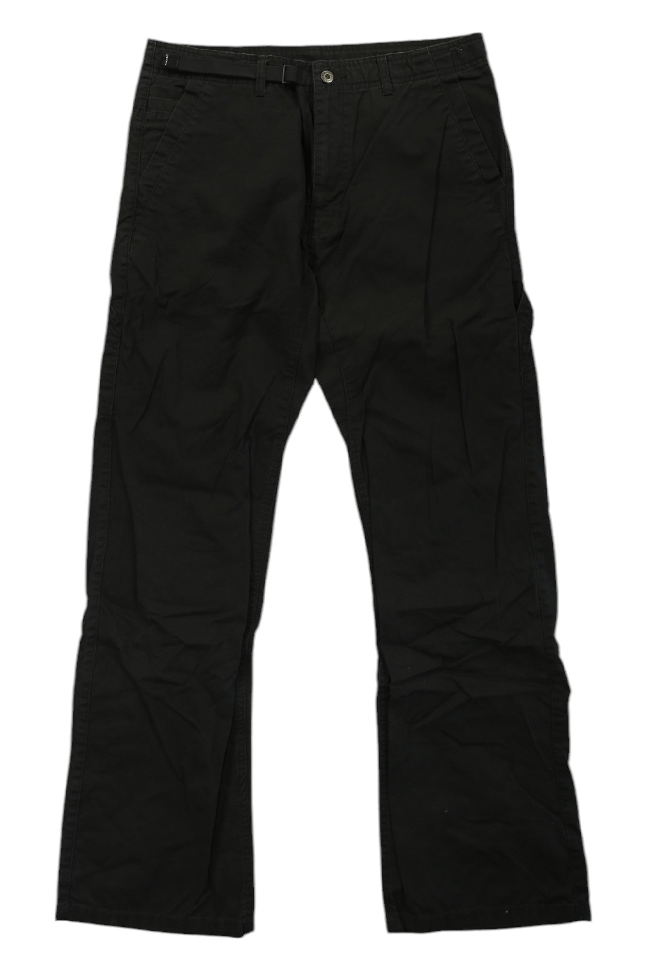 A pair of black Mens Brion II Pant, featuring front pockets and belt loops, laid flat on a white background—UPF 50+ outdoor pants crafted for comfort and protection.