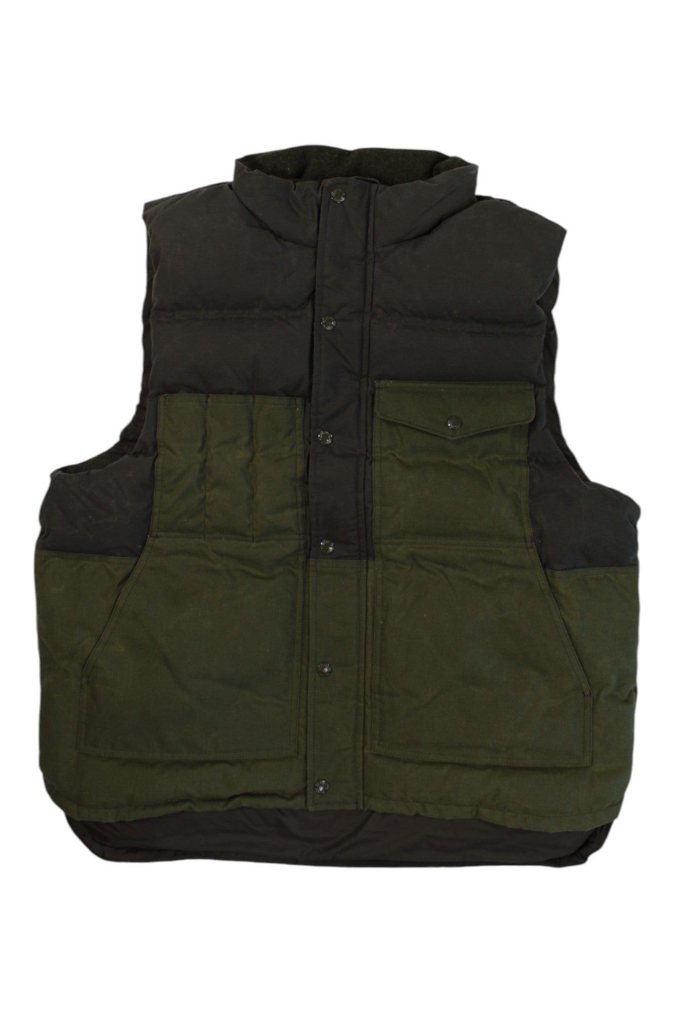 Filson men's down cruiser vest in black and olive green with button front and pocket flaps