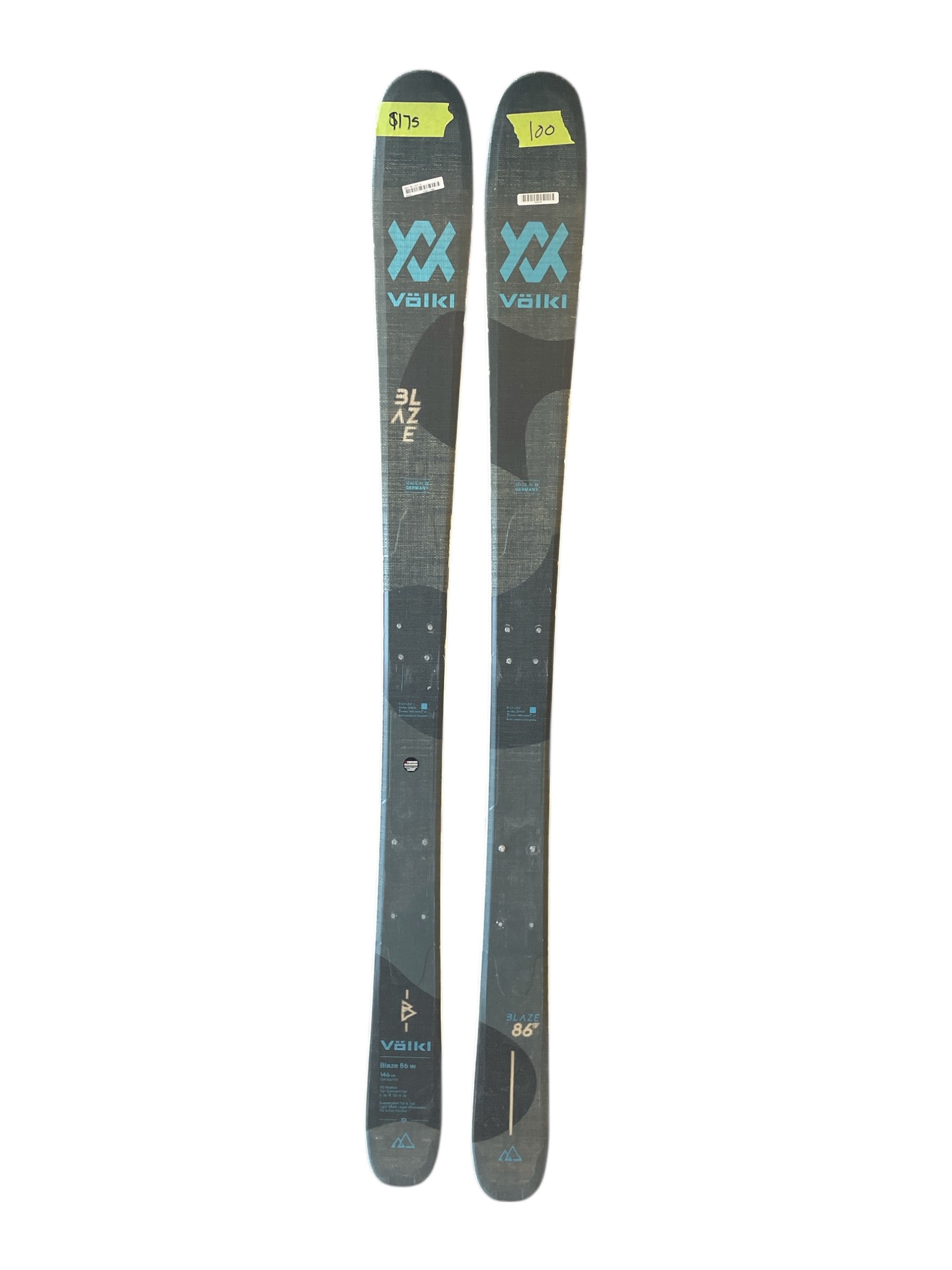 A pair of blue and black Volkl Blaze 86 Skis—perfect for resort or backcountry use—with price tags of $175 and $120, displayed against a white background.