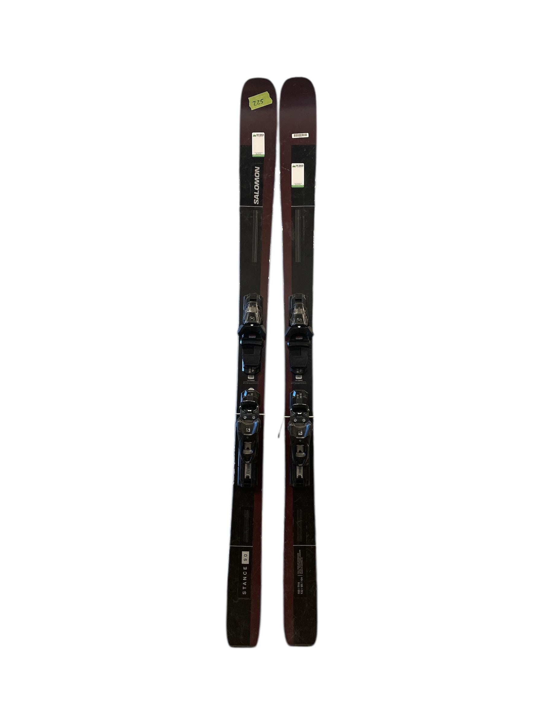 A pair of Salomon Stance 90 skis with M10 GW bindings, shown side by side on a white background.