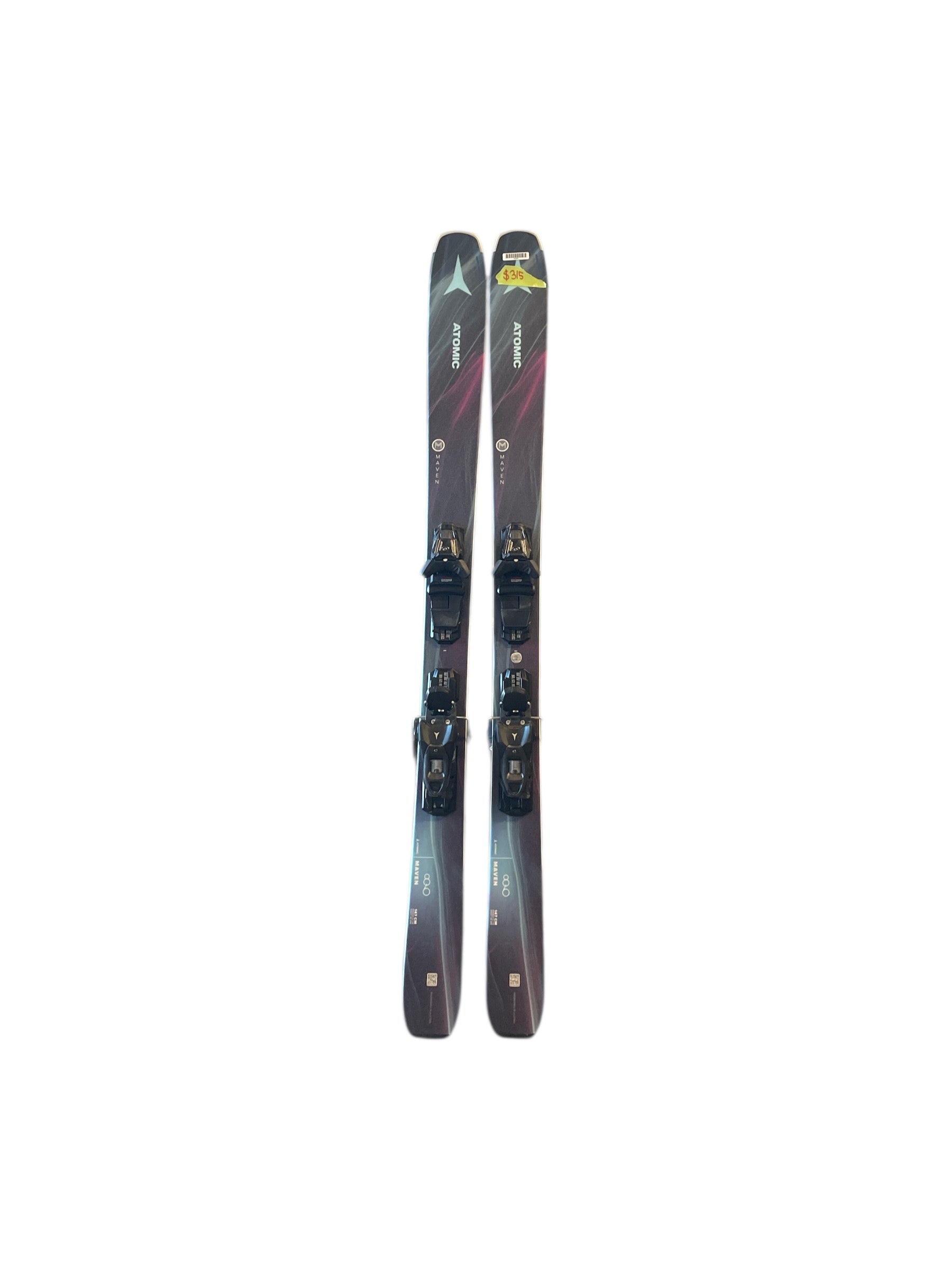 A pair of Atomic Maven Skis with Strive 10 Bindings in black and dark red, placed side by side on a white background.