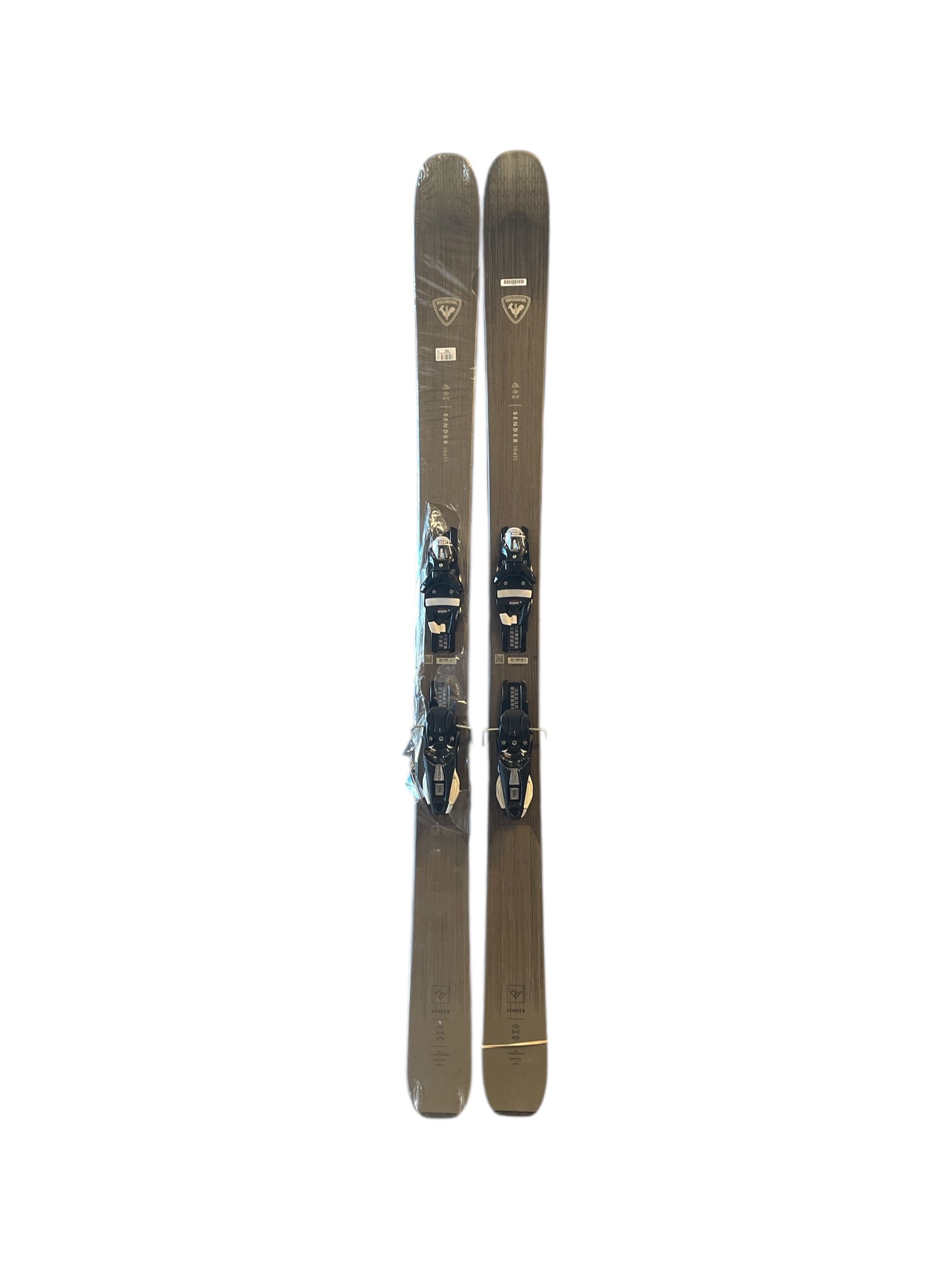 A pair of Rossignol Sender 104 TI Skis with Look NX12 GW Bindings stand upright side by side on a white background.