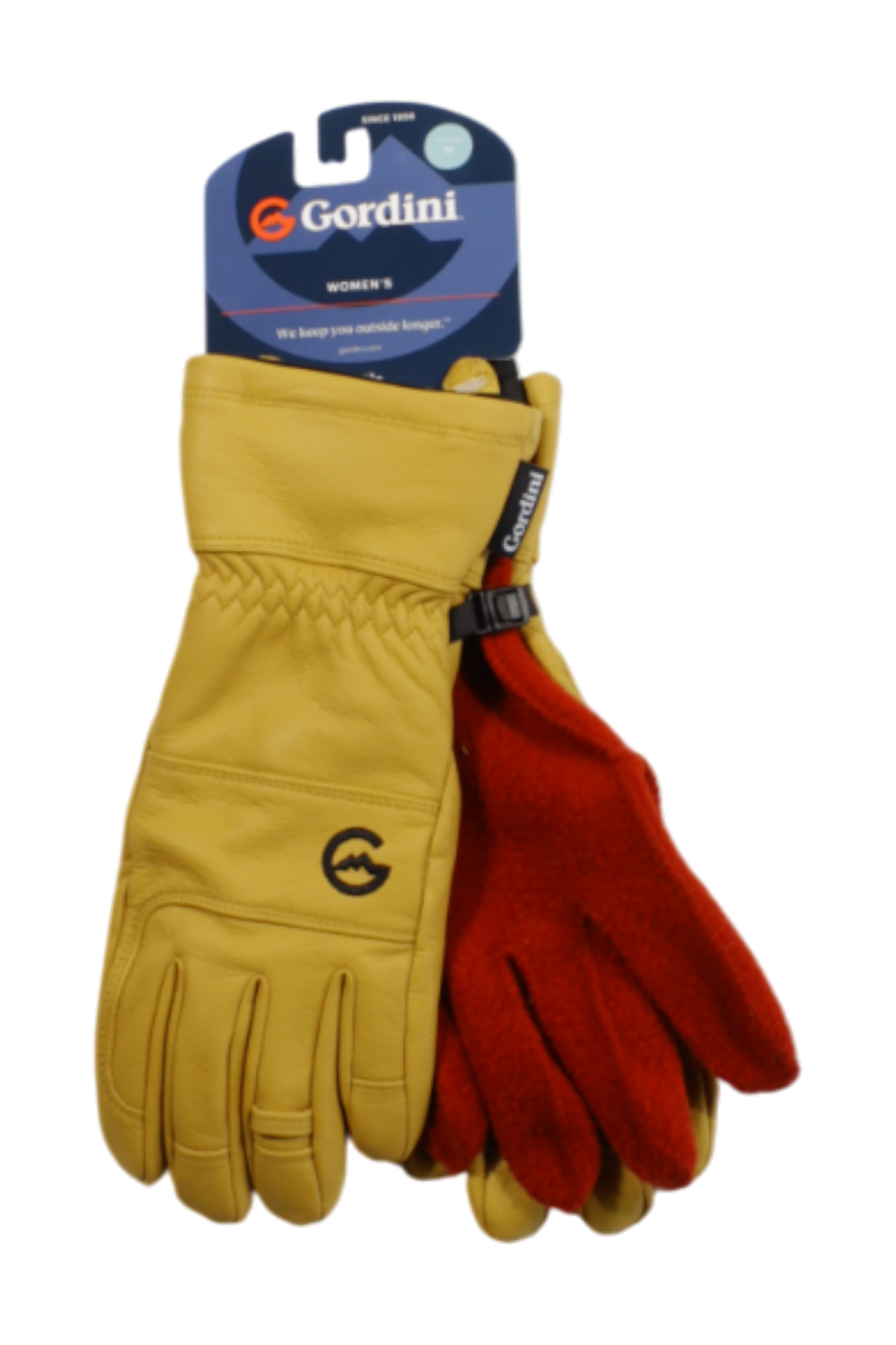 A pair of Gordini Womens Snow Ranger Gloves—one yellow leather and one red fleece—displayed with packaging attached at the top.