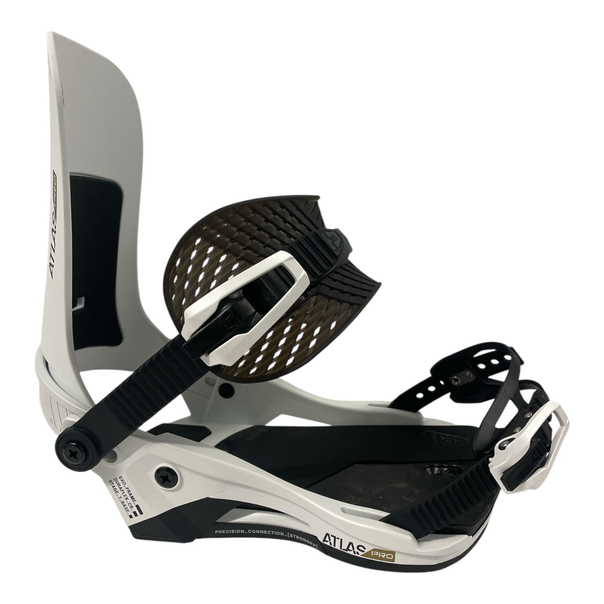 The Union Atlas Pro Snowboard Binding - 2025 features an adjustable high back, ratchet buckles, and a modern black and white angular design, delivering superior performance on the slopes.