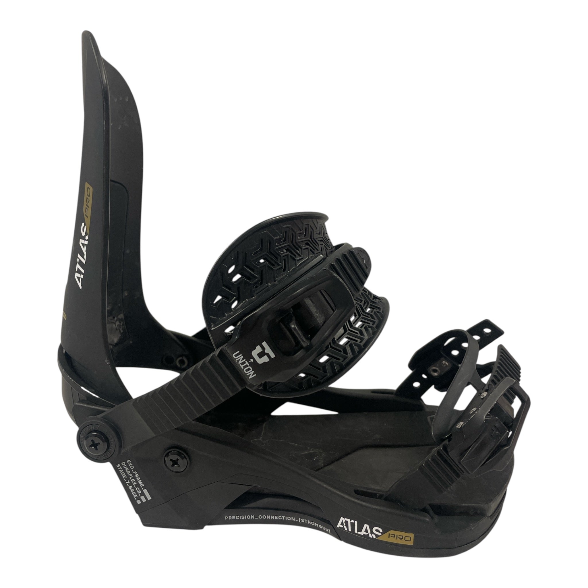 The Union Atlas Pro Snowboard Binding - 2025 in black features adjustable straps, highback support, and Union Bindings branding on the base and side.