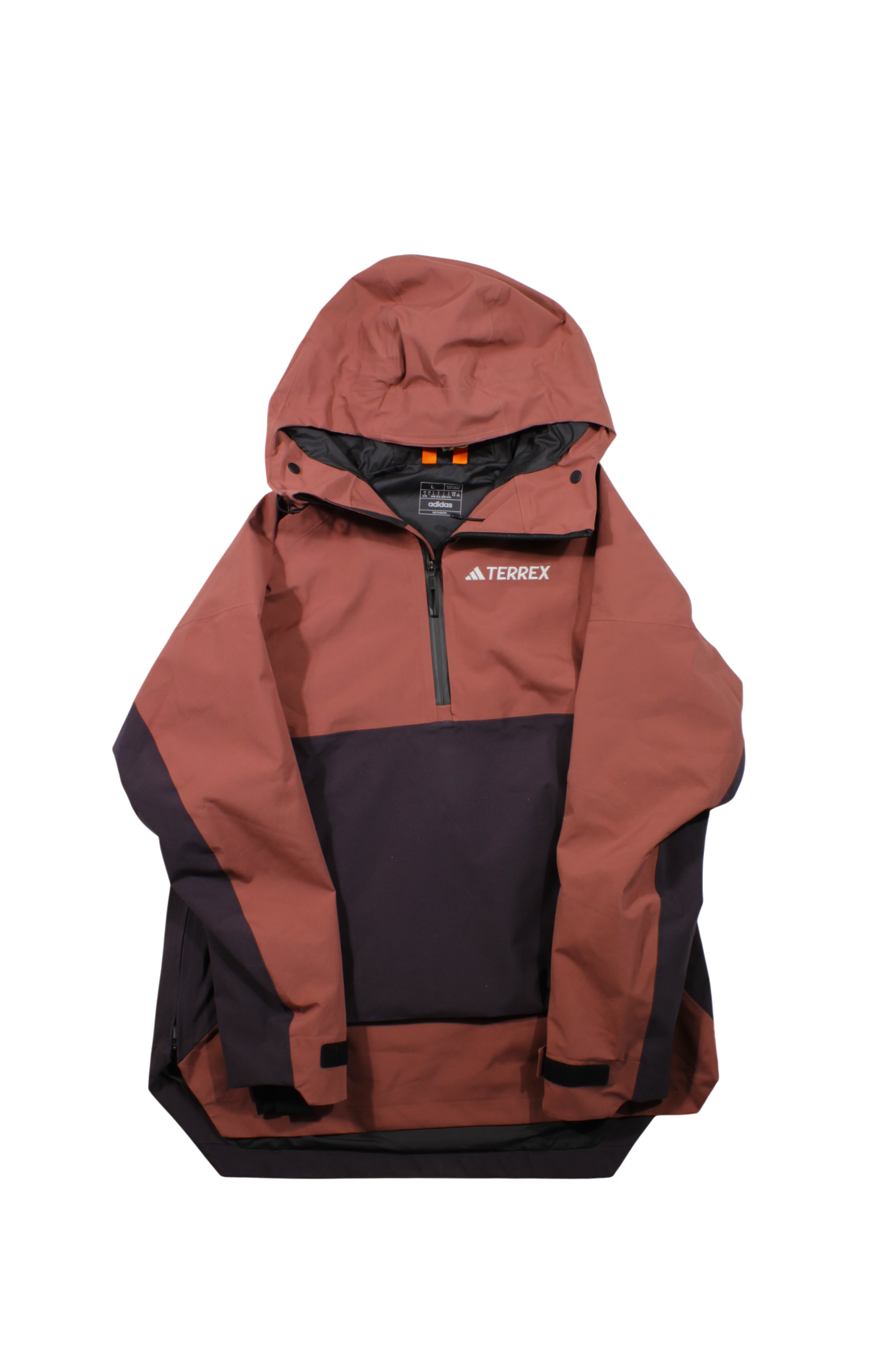 A brown and dark purple Adidas Terrex Womens Pro Anorak, a hooded pullover ski jacket with front zipper, made from recycled polyester, displayed flat on a white background.