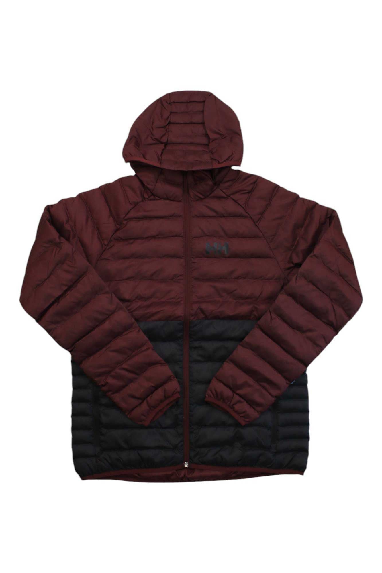 Two-tone maroon and black hooded puffer insulator jacket with full front zipper