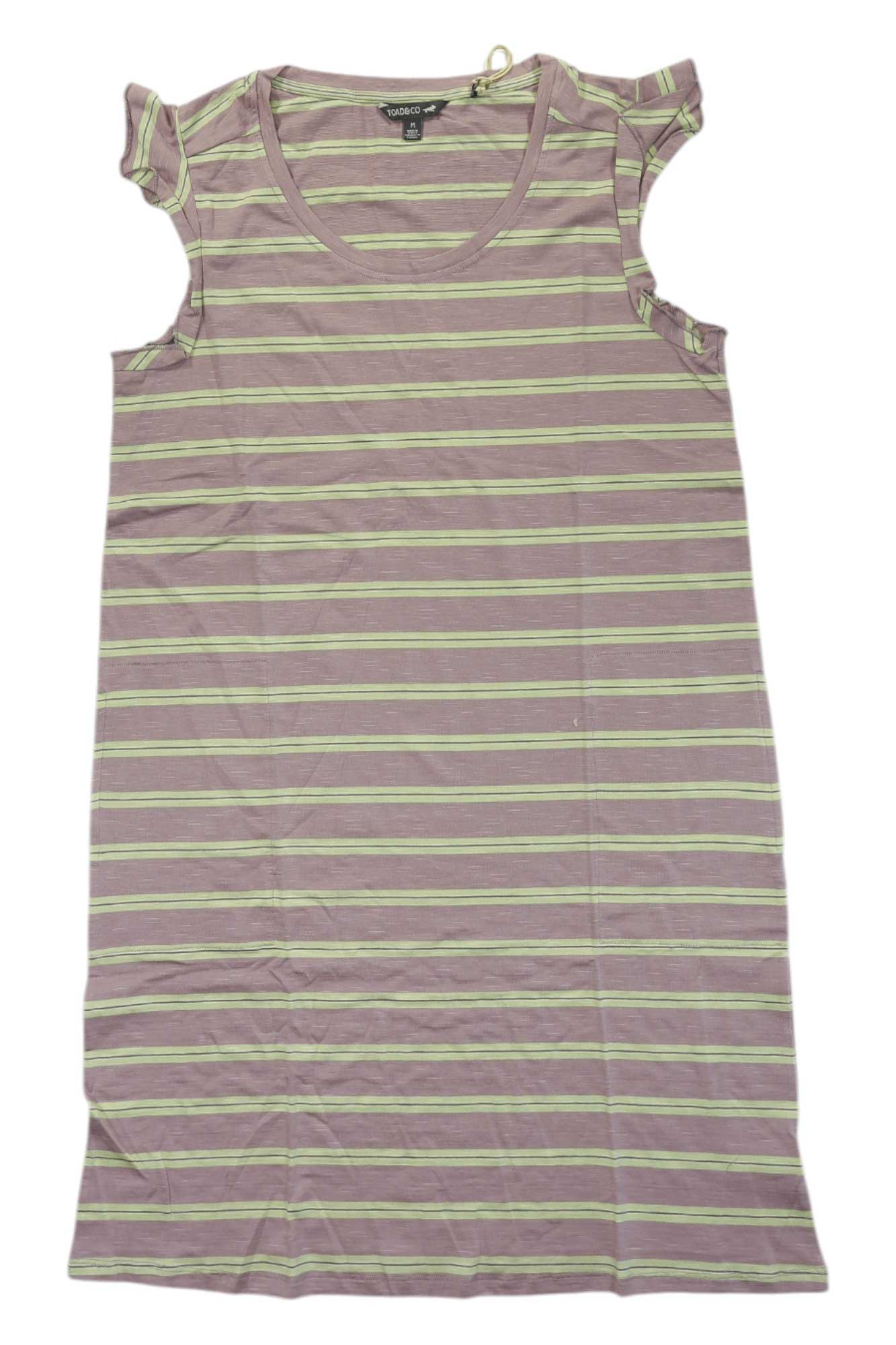 Women’s ruffled short-sleeve dress, lilac and gray striped