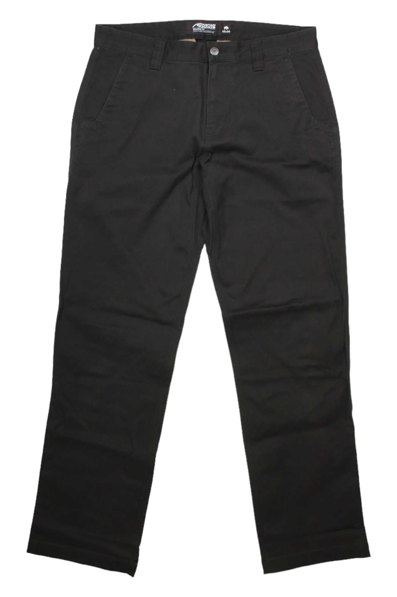 Men's relaxed-fit dark pants with zip fly and button closure