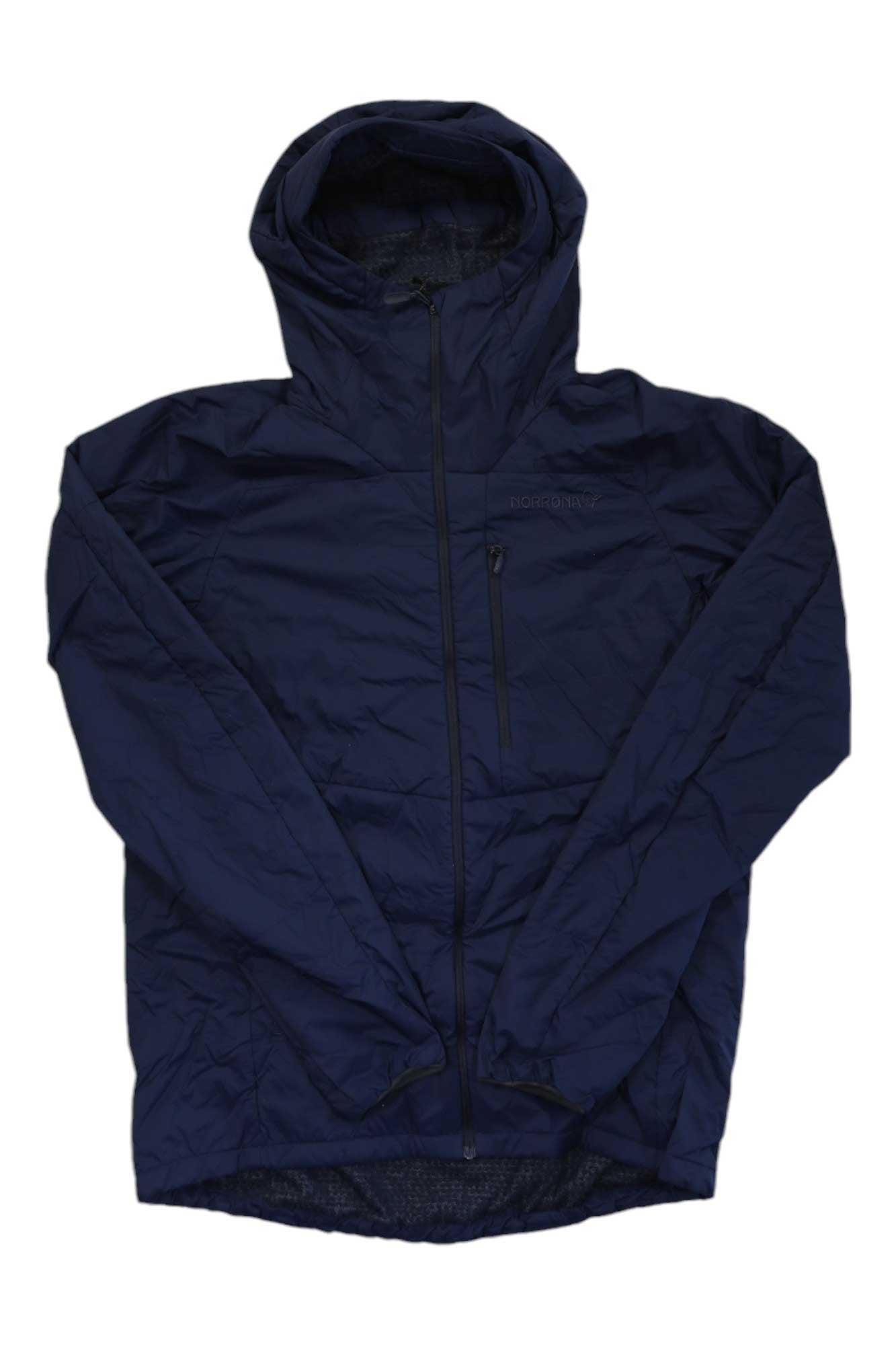 The Norrona Mens Lyngen Alpha100 Zip Hoodie in navy blue features Polartec Alpha insulation, a front zipper, and a zippered chest pocket, shown laid flat on a white background.
