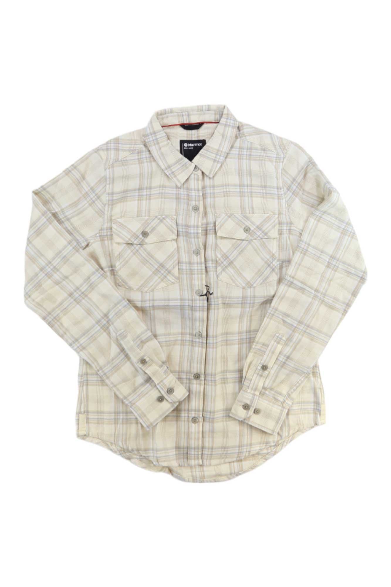 The Womens Bridget Midweight Flannel Long-Sleeve Shirt features beige, tan, and gray plaid, sun protection, two chest pockets, and buttoned cuffs. Shown on a white background.