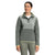 A woman in a Womens Mountain Sweatshirt Pullover 3.0 with neon yellow trim and gray leggings stands against a white background, looking to the side and smiling.