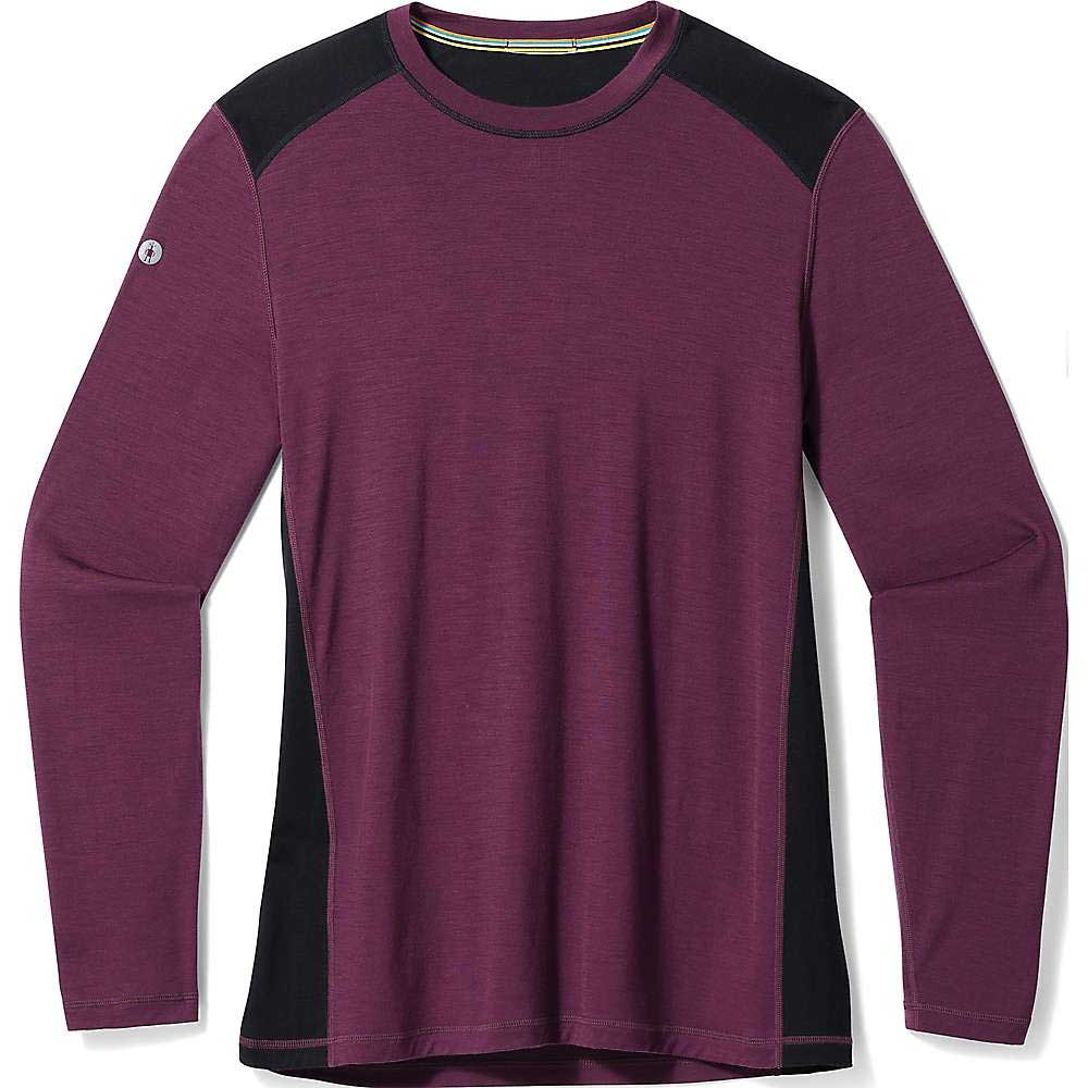 The Smartwool Mens Active LS Tech Tee is a dark purple Merino wool hiking shirt with black shoulder and side panels, featuring a crew neck and long sleeves, shown on a white background.