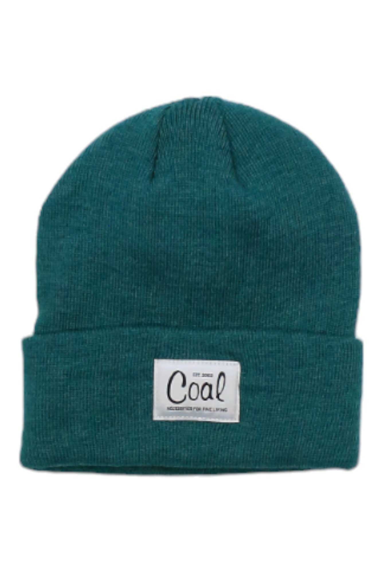 The Coal Womens The Mel Beanie is a teal rib knit beanie with a folded brim and a white rectangular front patch displaying the Coal brand in black, ideal for everyday casual wear.