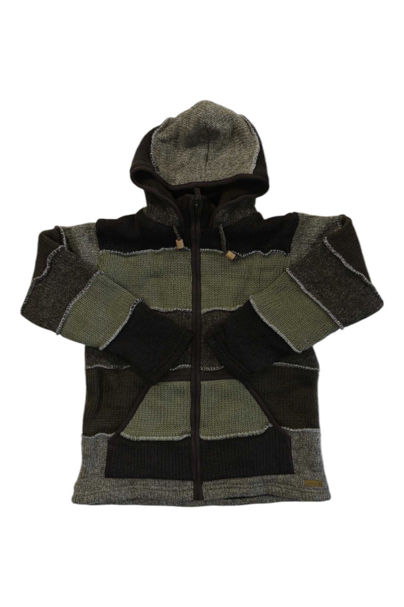 The Lost Horizons Mens Patchwork Fleece Lined Sweater is a handmade wool hoodie from Nepal featuring a zip-up front, long sleeves, and two pockets in green, gray, and brown shades.