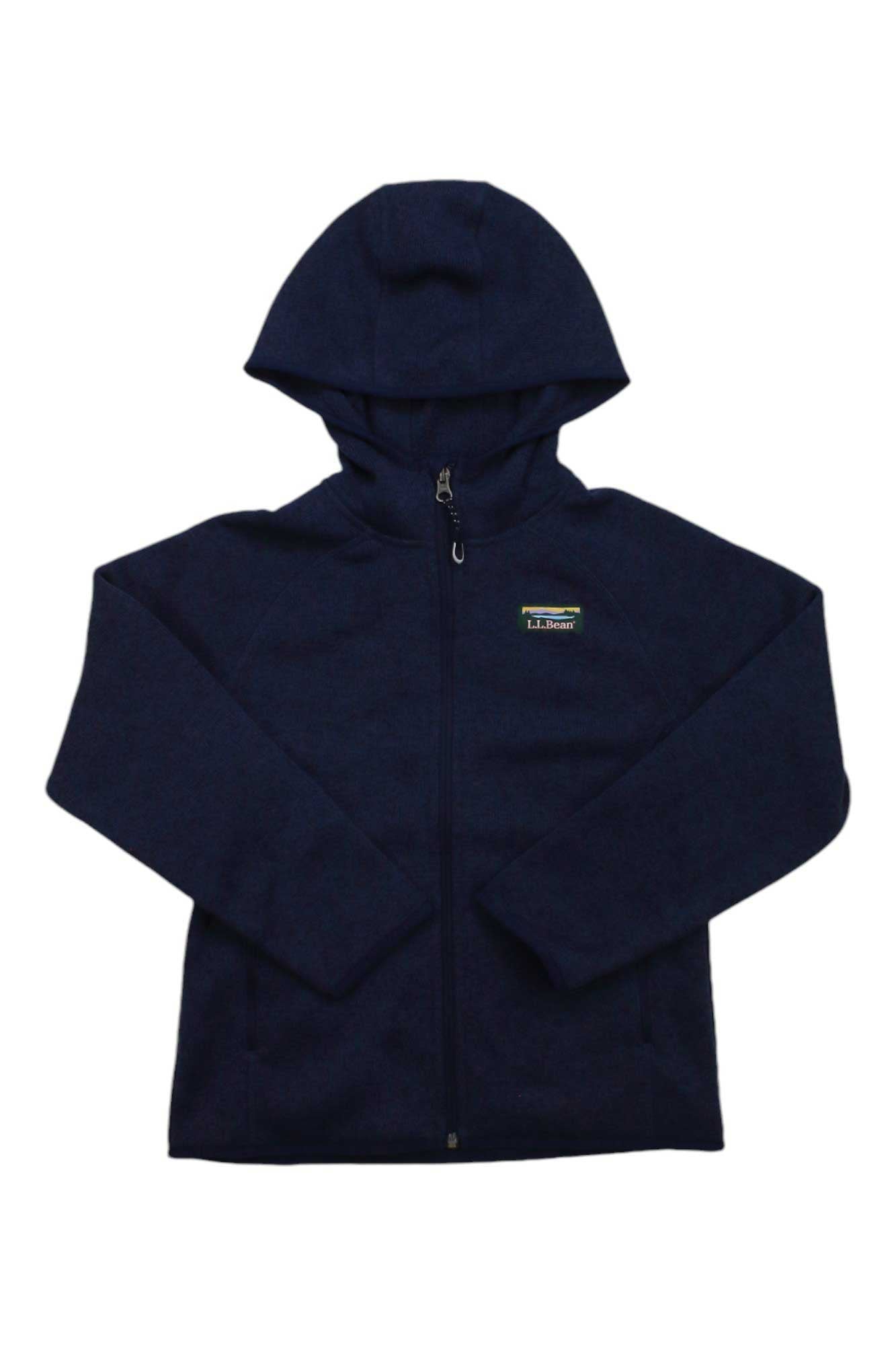 The L.L.Bean Kids Hooded Sweater Fleece is a dark blue, long-sleeve polyester fleece with zippered handwarmer pockets and a small logo patch on the left chest, shown flat on a white background.