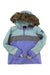 The Roxy Womens Shelter Jacket is a waterproof snowboard jacket featuring eco-friendly insulation, a light blue and lavender color block design, gray chest stripe, brown faux fur trimmed hood, and a small patch on the left sleeve.