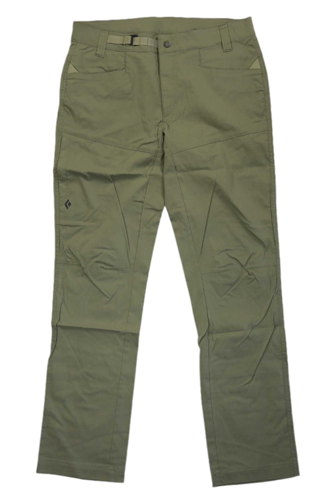 Black Diamond Men's Anchor Pant in olive green stretch cotton, featuring front pockets, belt loops, and a small black logo on the left thigh, shown laid flat on a white background.