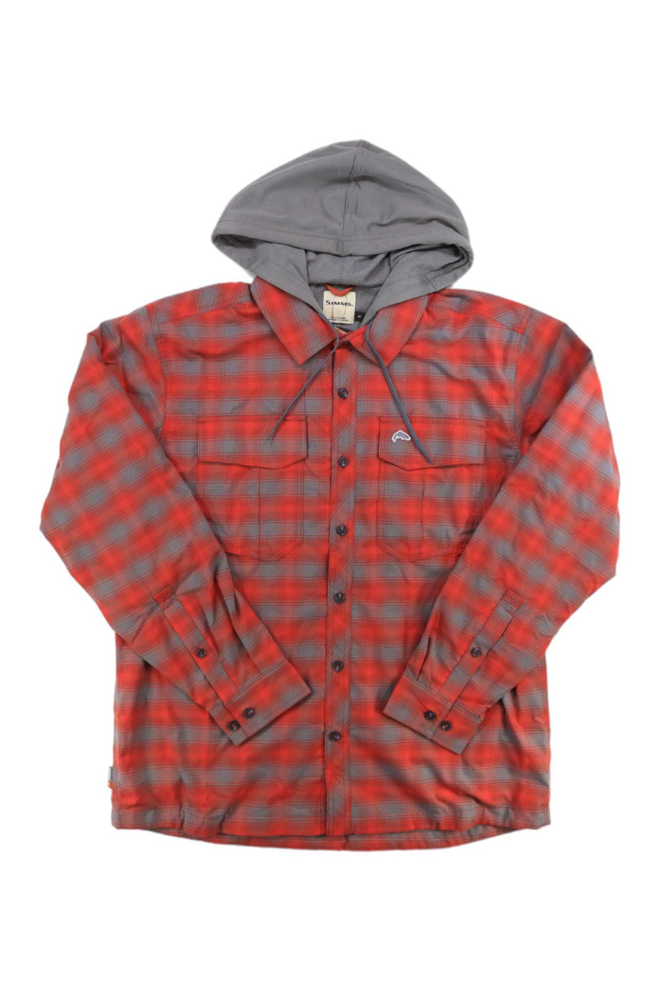 The Simms Mens Coldweather Hoody is a long-sleeve red and gray plaid flannel shirt with a gray hood, drawstrings, and fleece lining for extra warmth, shown flat on a white background.